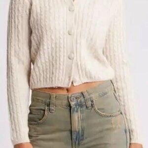 BP Nordstrom cropped cable cardigan cotton cream with brown buttons EUC